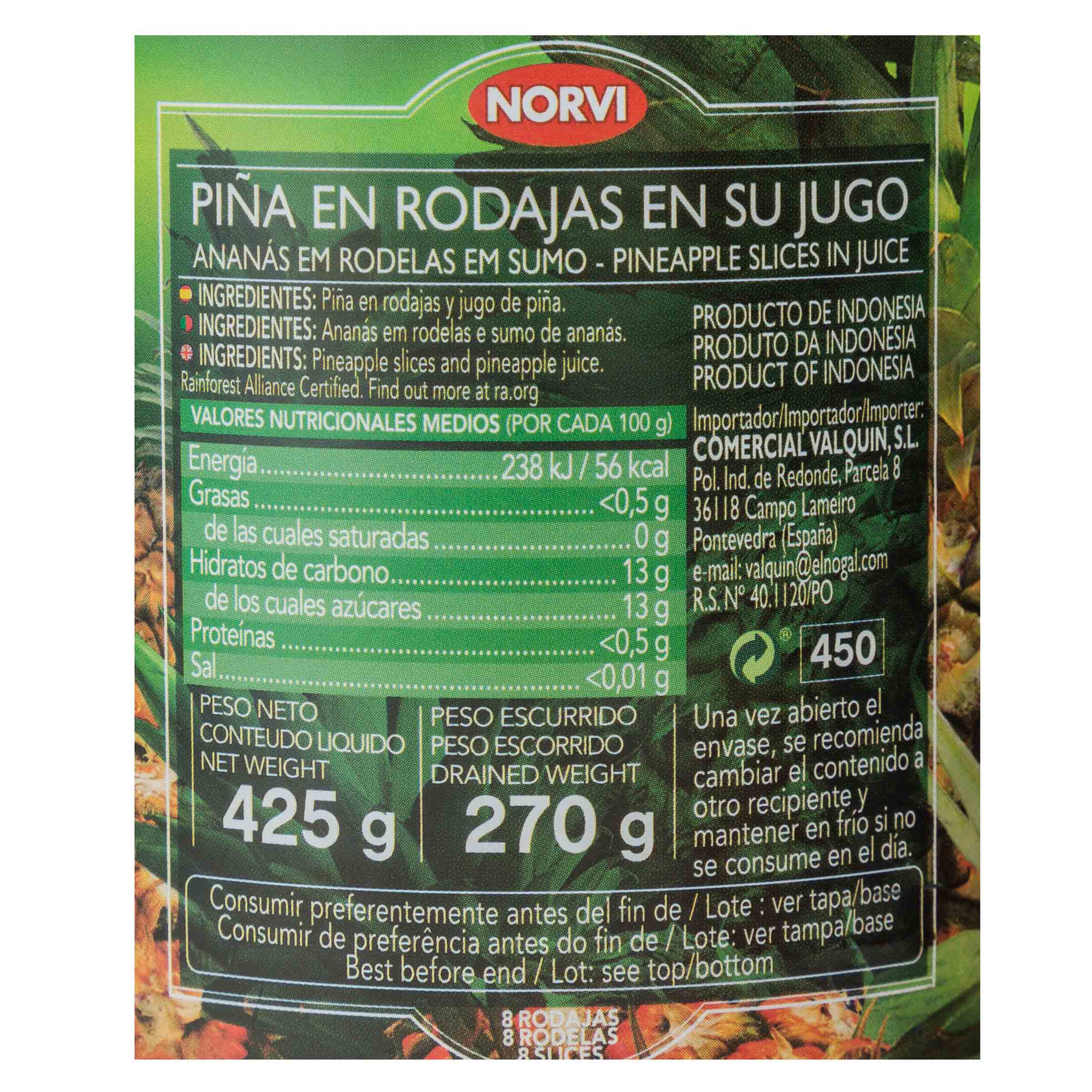 Piña en su jugo sin azucar añadido Norvi 270g