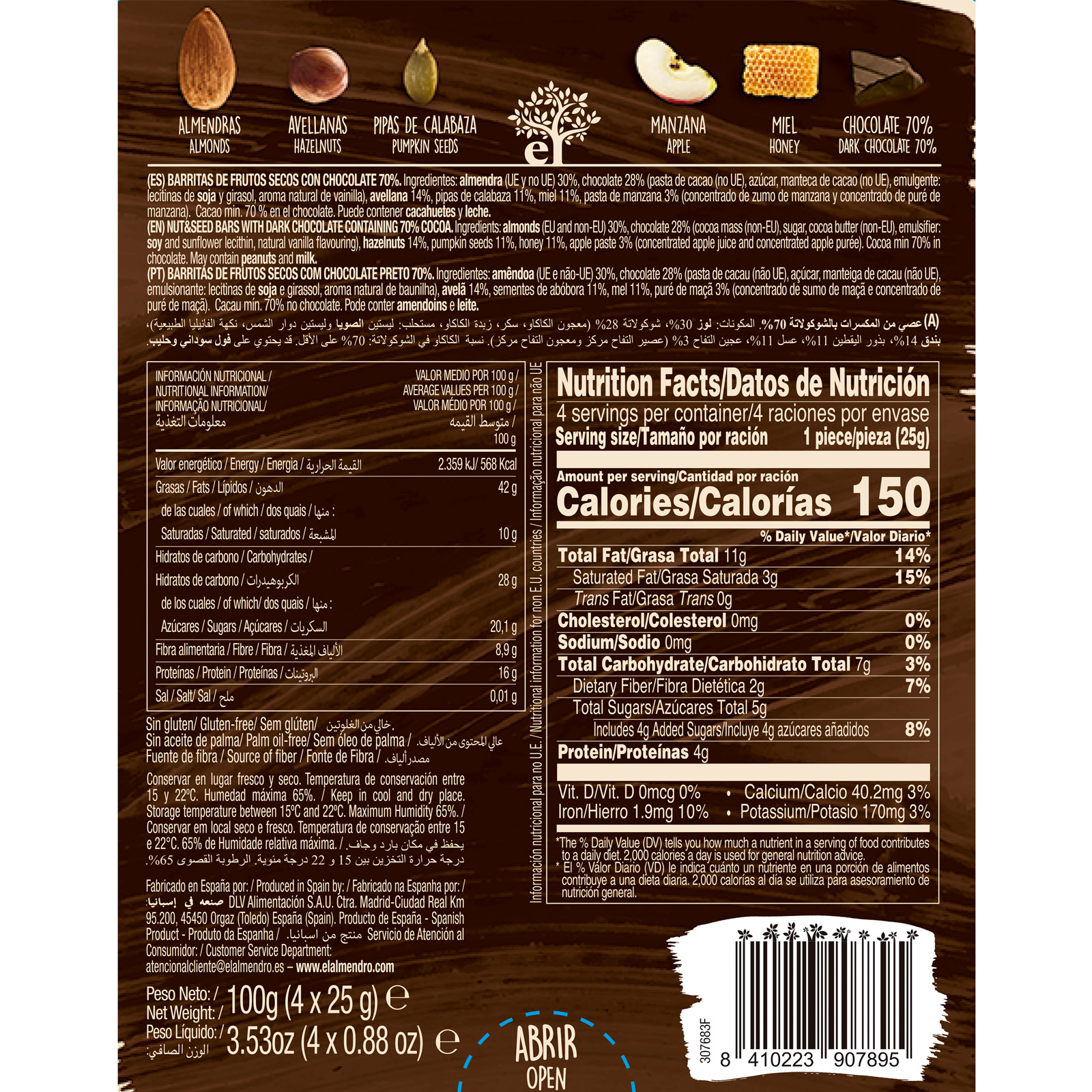 Barritas almendra chocolate negro s/gluten El Almendro 4u