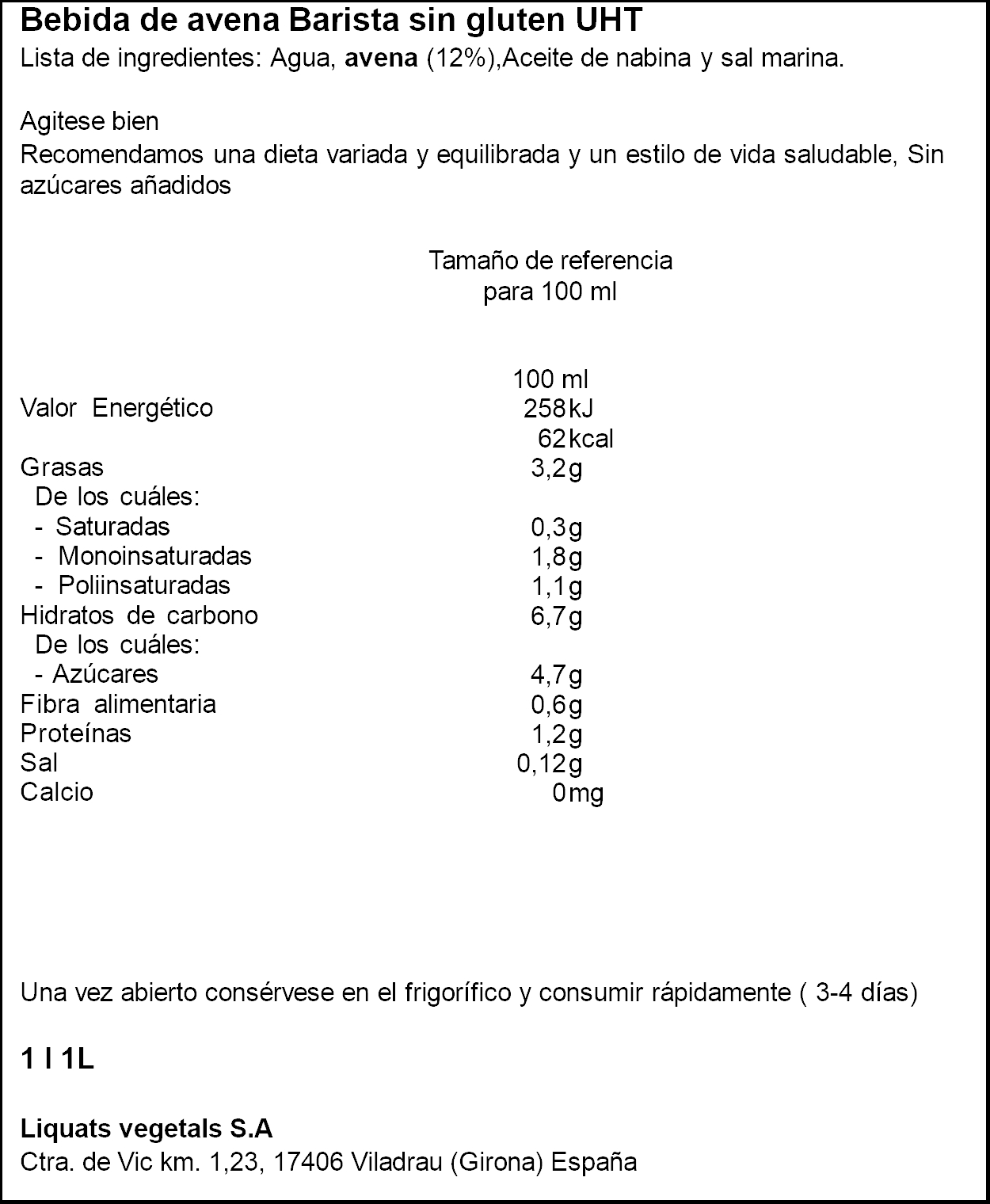 Bebida avena sin ázucar añadido 1l barista