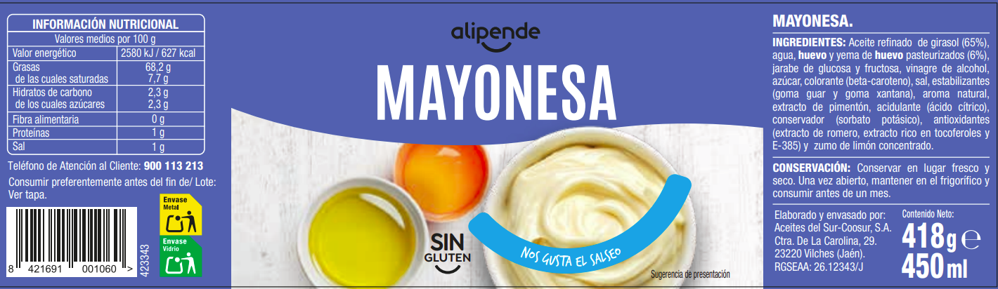 Mayonesa sin gluten Alipende 450ml