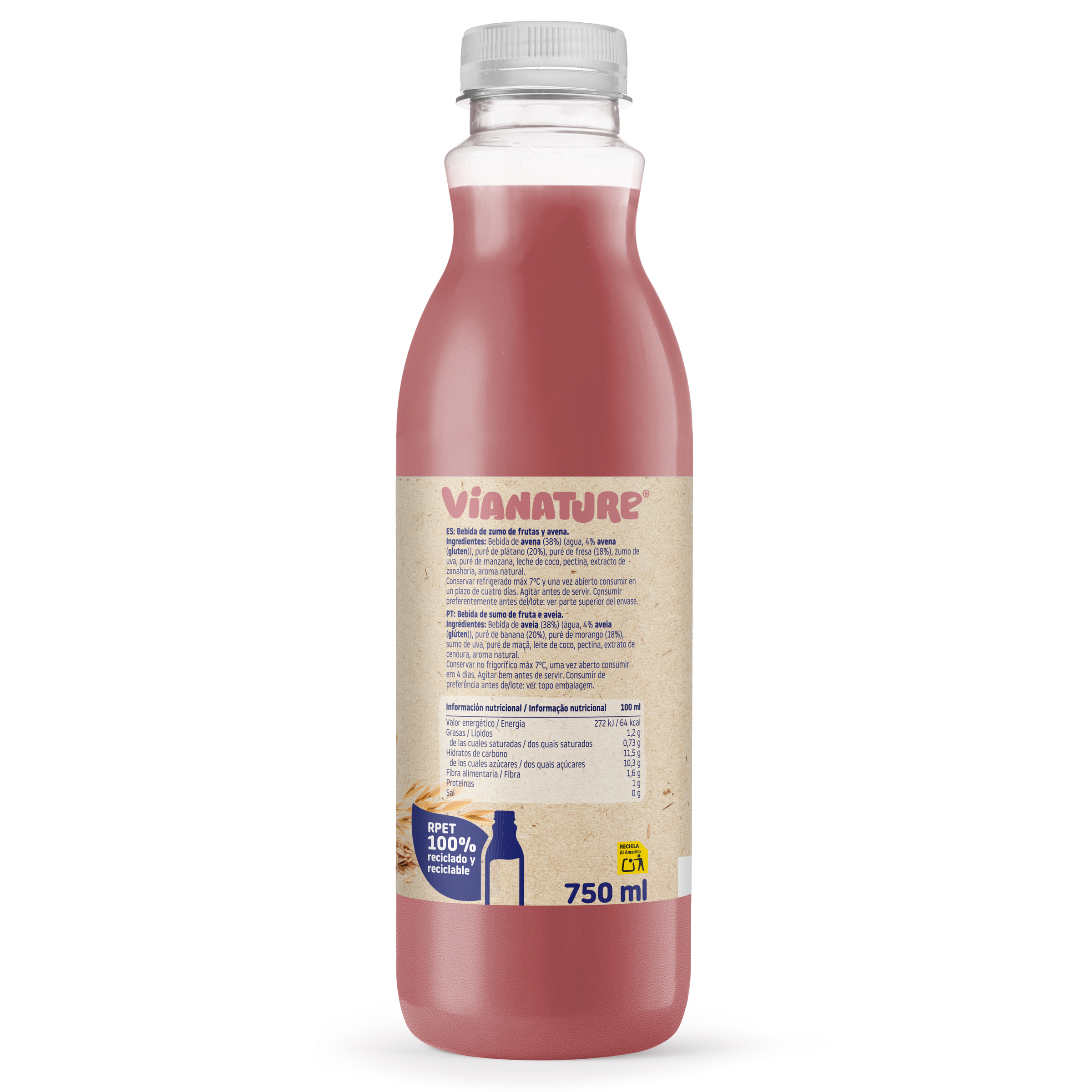 Bebida de avena sin azúcar añadido ViaNature 750 ml fresa y plátano