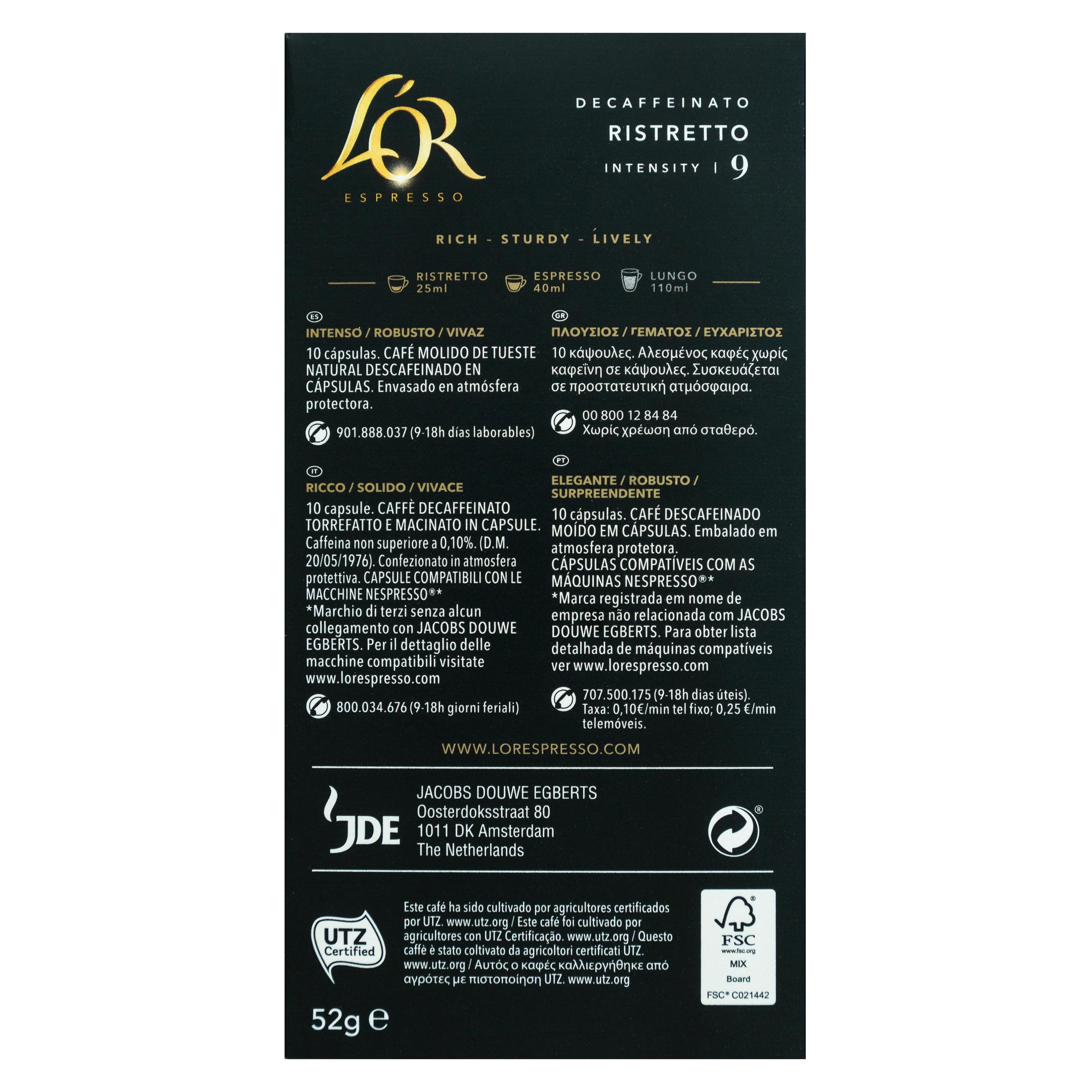 Café descafeinado espresso ristretto intensidad 9 L'Or 10 capsulas