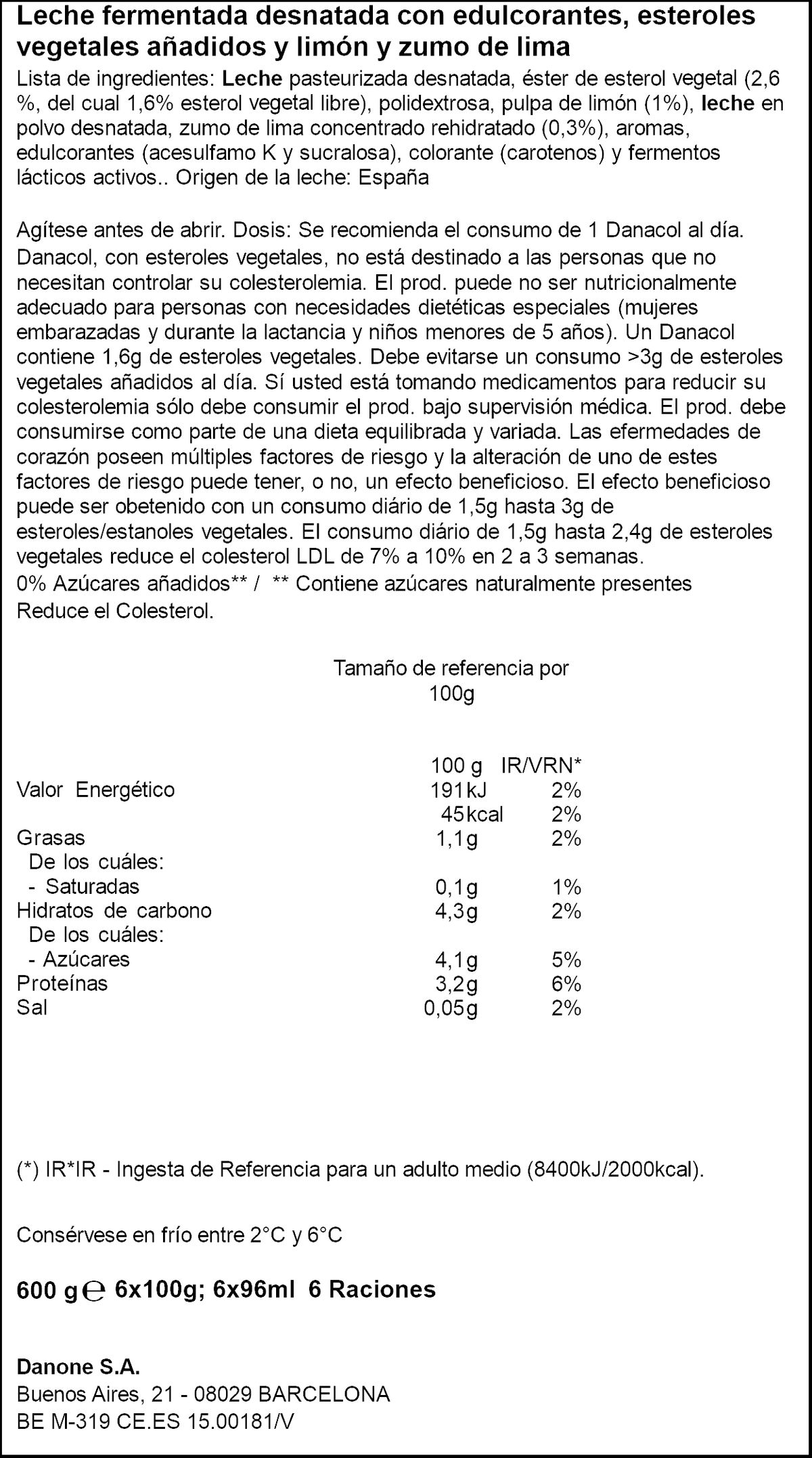 Bebida láctea Danacol colesterol pack 6 lima limón