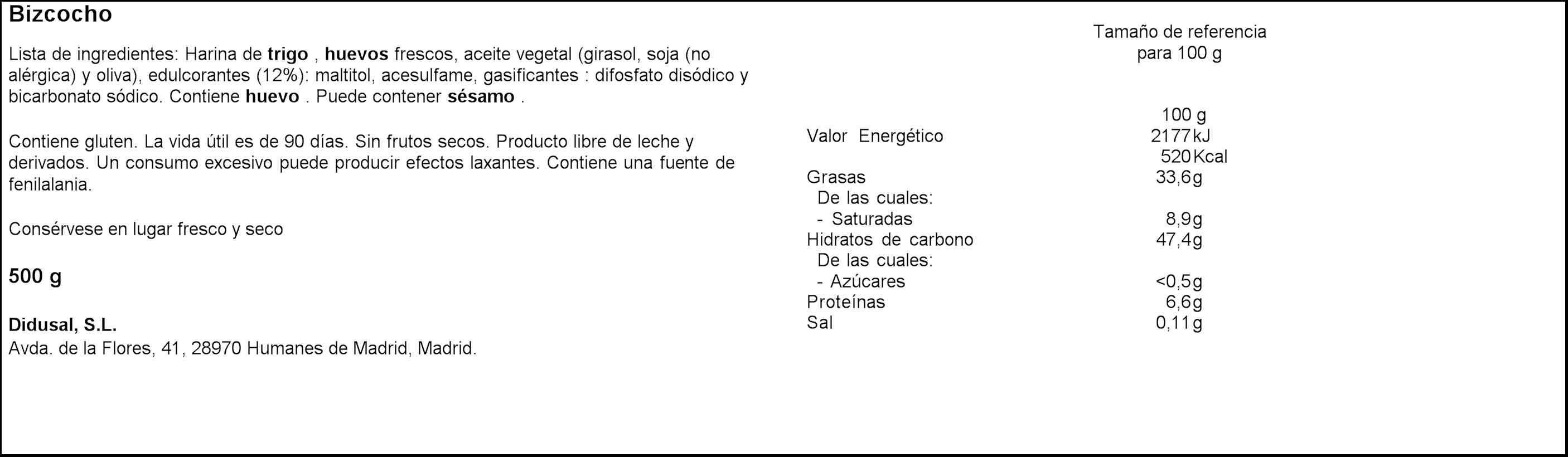 Bizcocho Laly sin lactosa y sin azúcar 450g