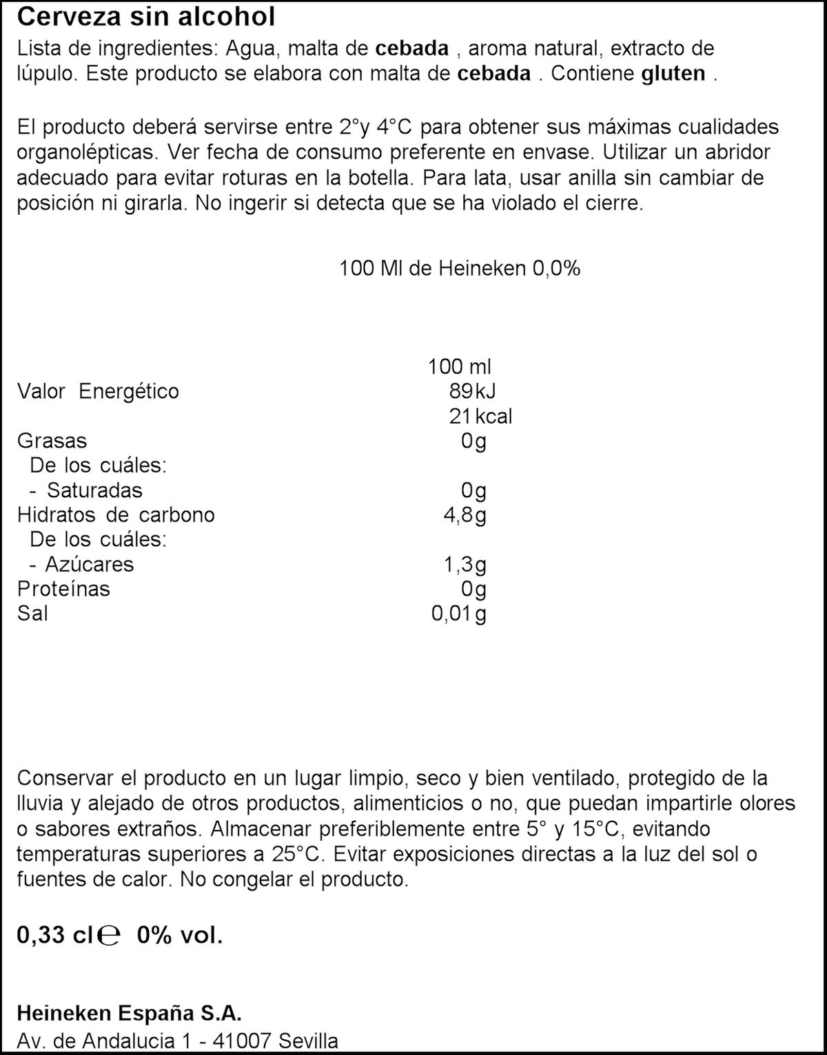 Cerveza sin alcohol Heineken 0,0% lata 33cl