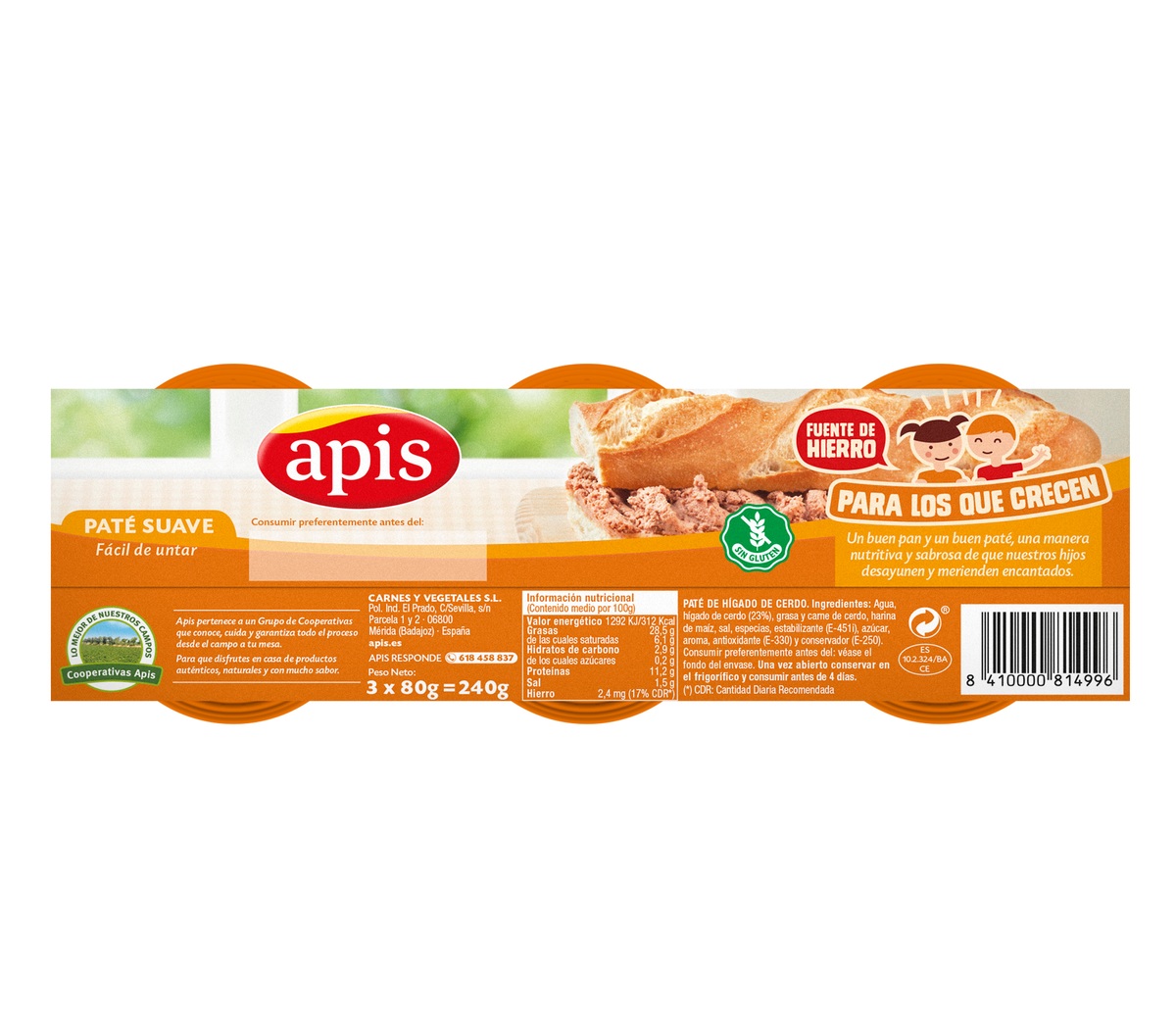 Paté de hígado de cerdo con textura suave Apis pack 3uds