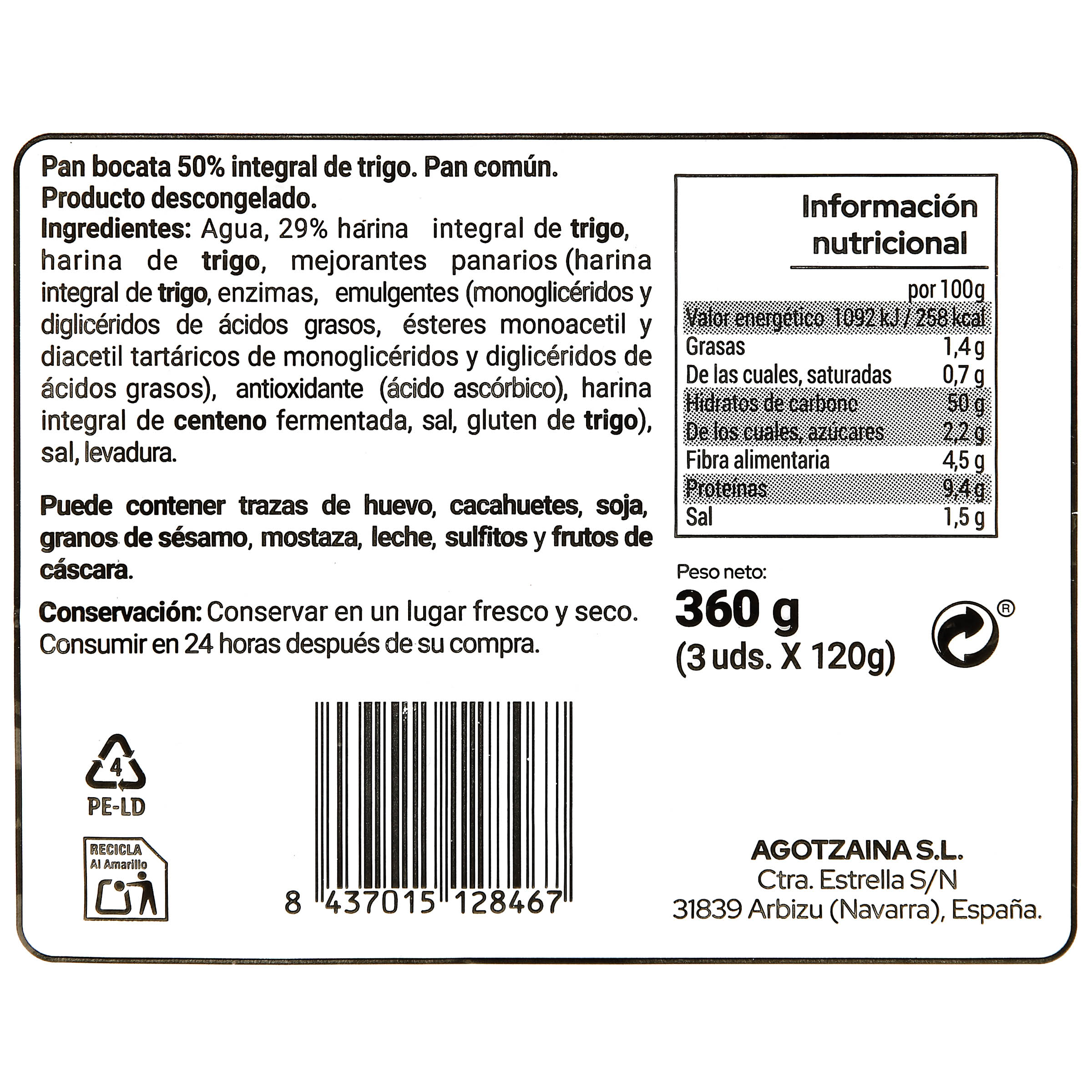 Bocata 50% integral trigo 3 unidades de 120g