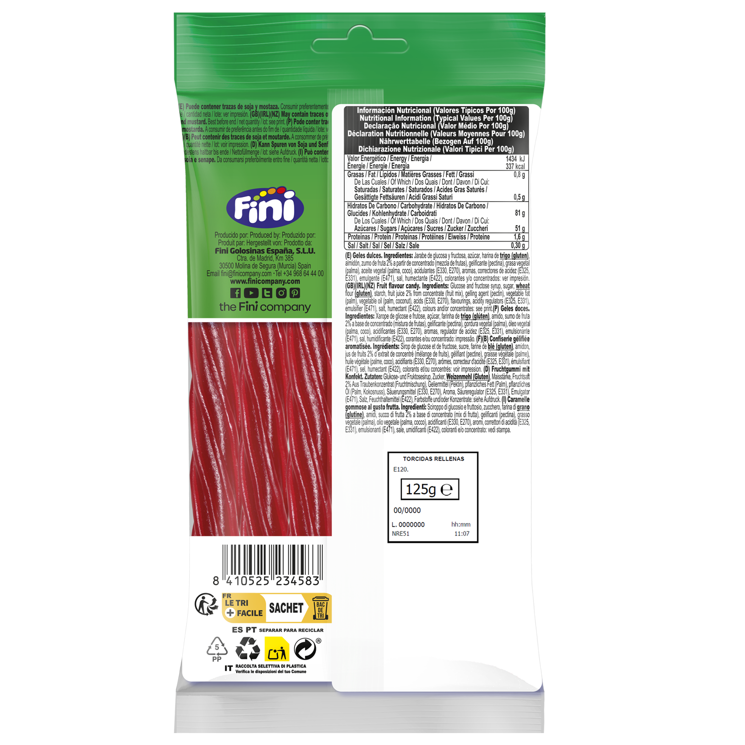Regaliz Fini 125g torcidas rellenas con zumo de fruta