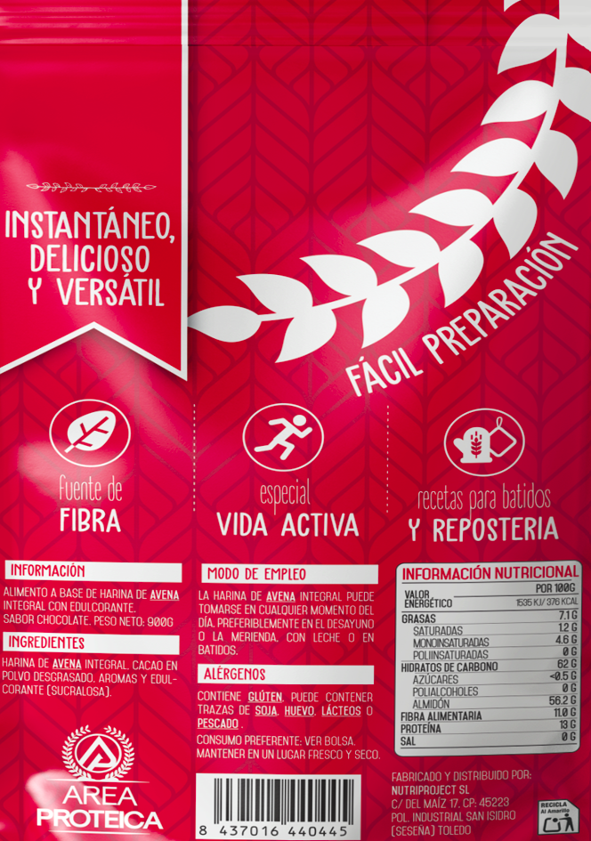 Harina de avena Área Proteica 900g chocolate