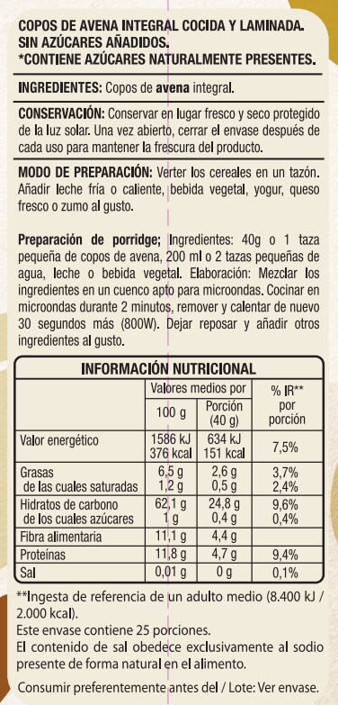 Cereal copos de avena suave Alipende 1kg