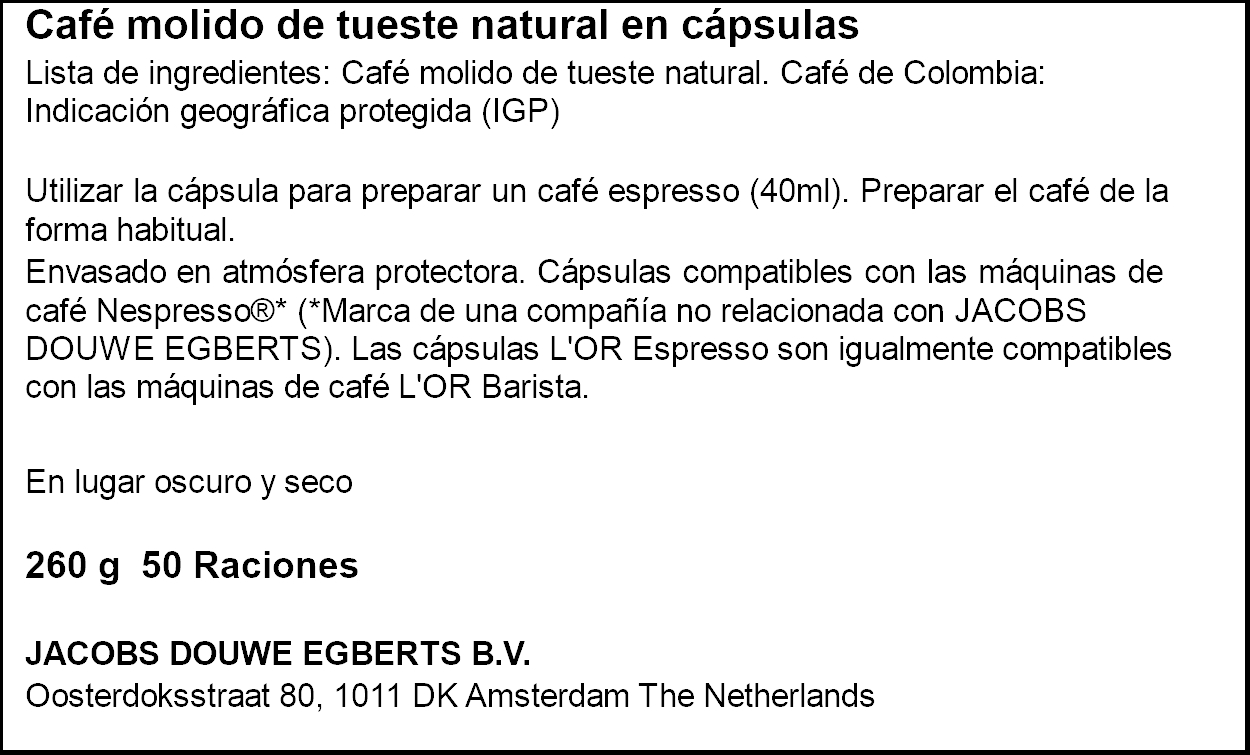 Café espresso origen Colombia para máquinas Nespresso intensidad 8 L'Or 50 cápsulas