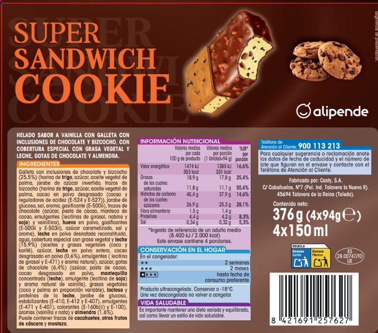 Helado super sandwich Alipende 4 uds cookies