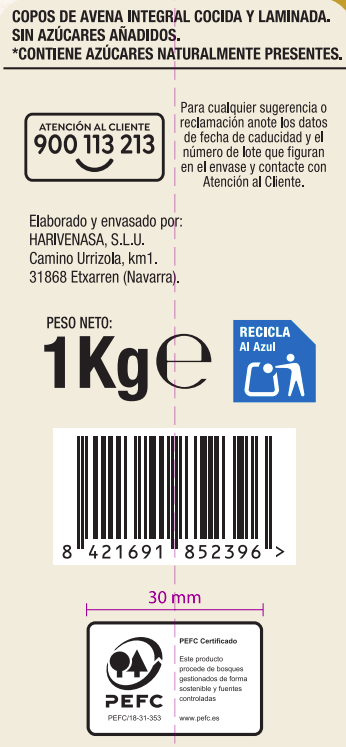 Cereal copos de avena suave Alipende 1kg