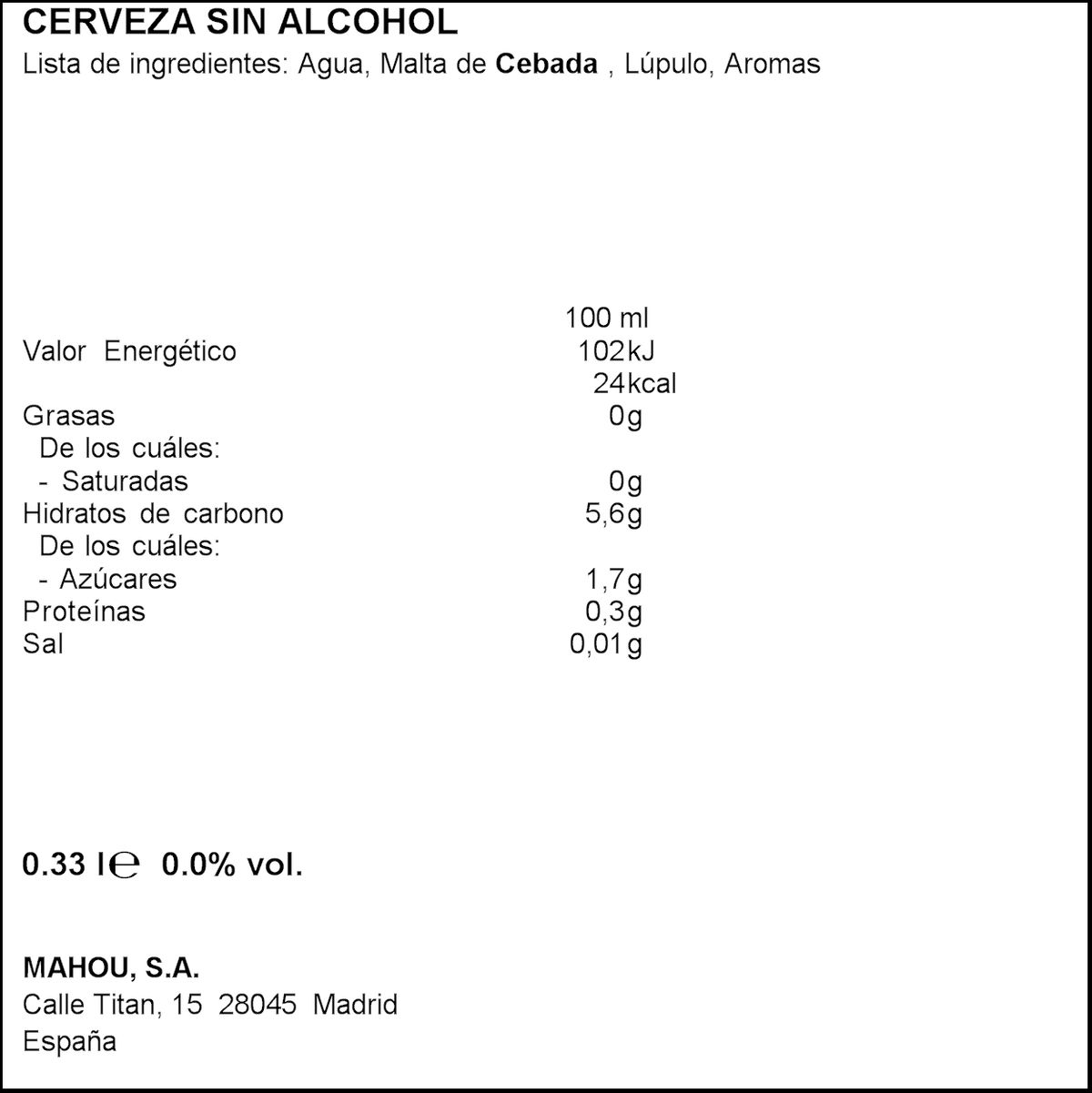 Cerveza sin alcohol San Miguel 0,0% lata 33cl