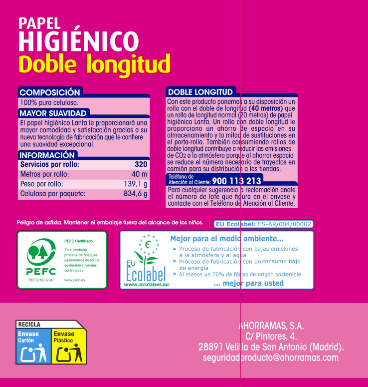 Papel higiénico ecológico Lanta 6 rollos doble rollo