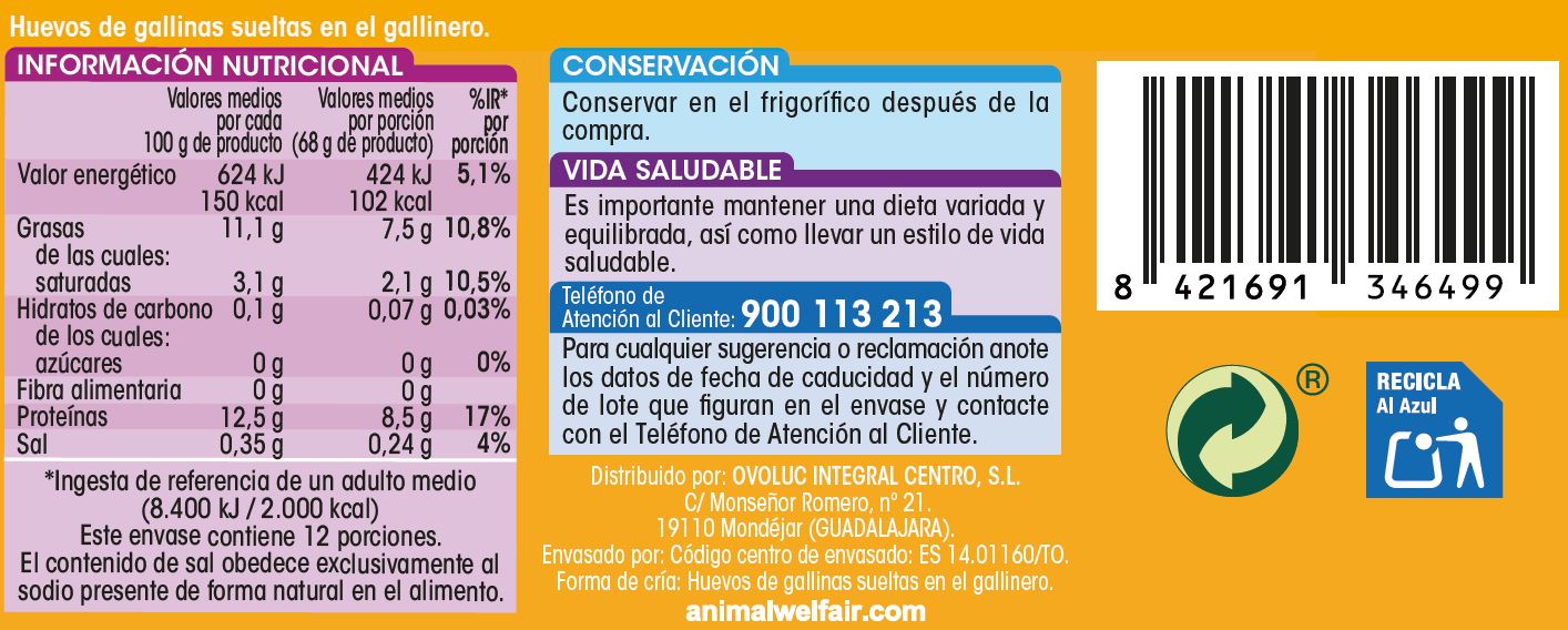 Huevos de gallinas sueltas en el gallinero Alipende 12u "clase l"