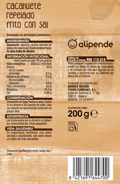 Cacahuete frito repelado con sal Alipende 200g