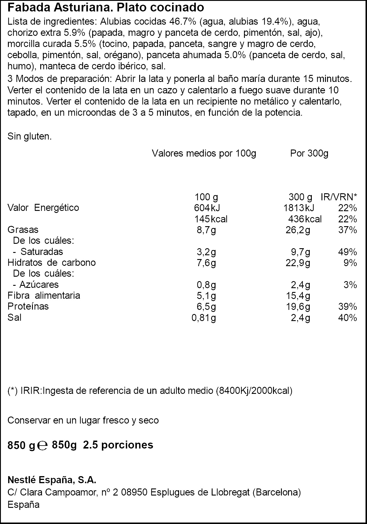 Fabada Asturiana Litoral 850g