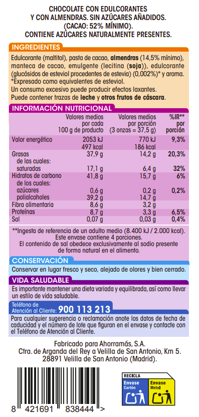 Chocolate puro almendras s/gluten s/azúcar añadido Alipende 150g