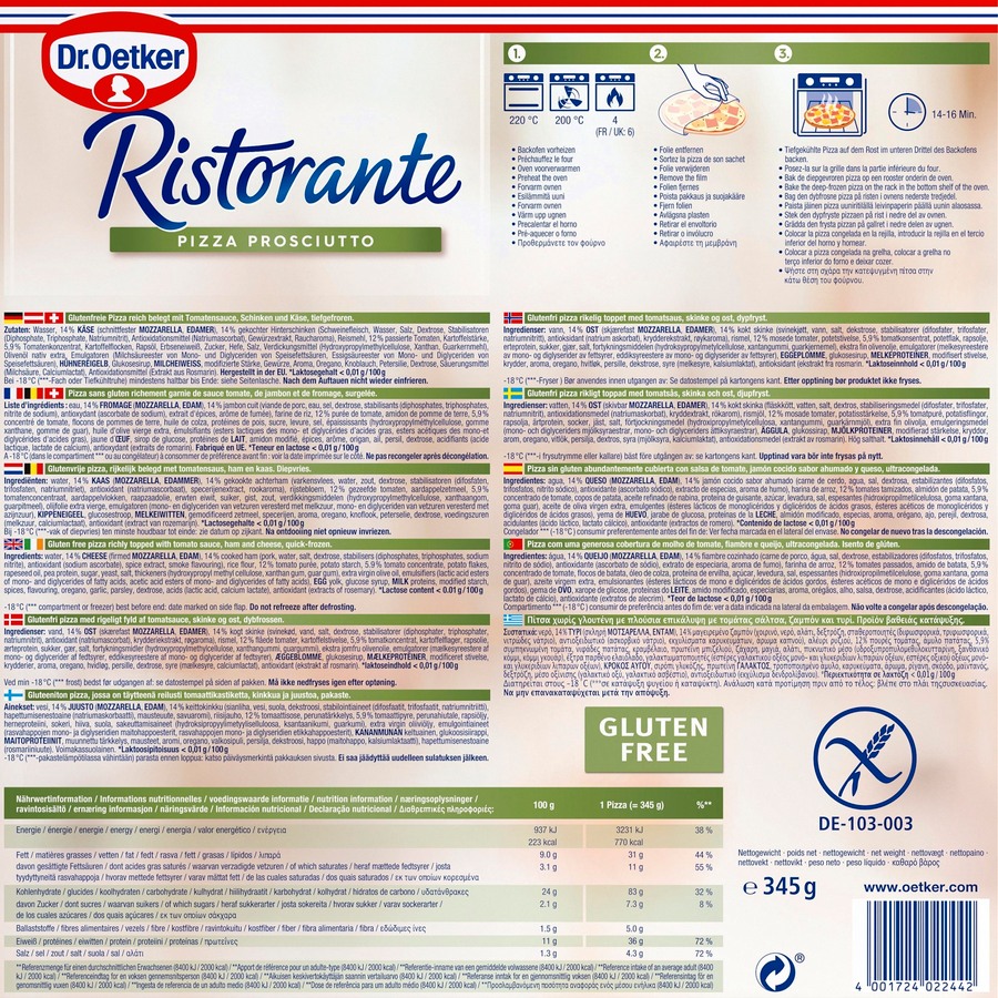 Pizza sin gluten Ristorante Dr Oetker 345g prosciuto