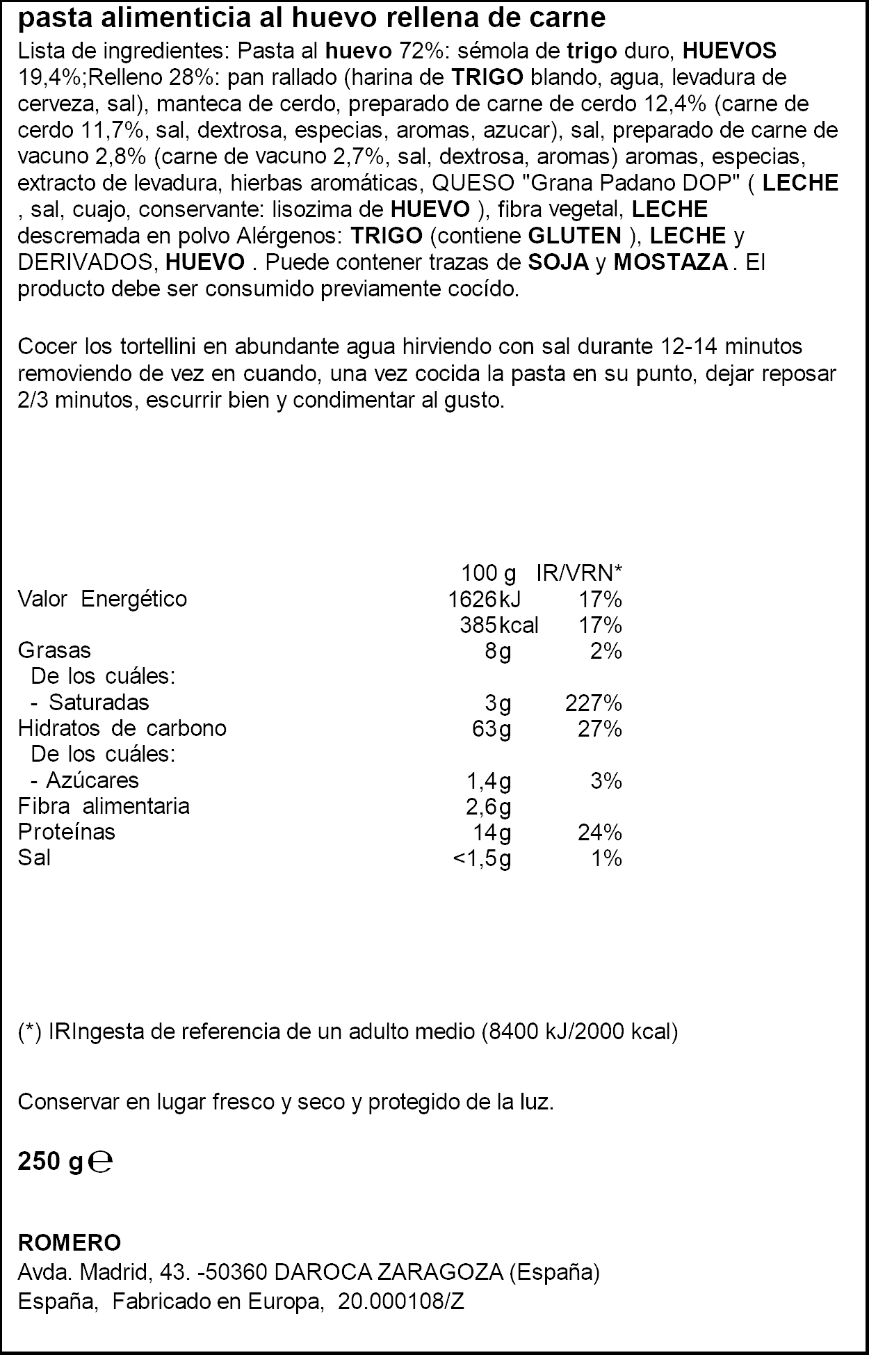 Tortellini al huevo con carne Romero 250g