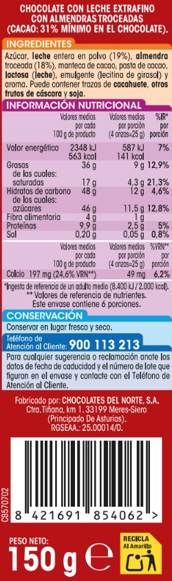 Chocolate con leche y almendras Alipende 150g