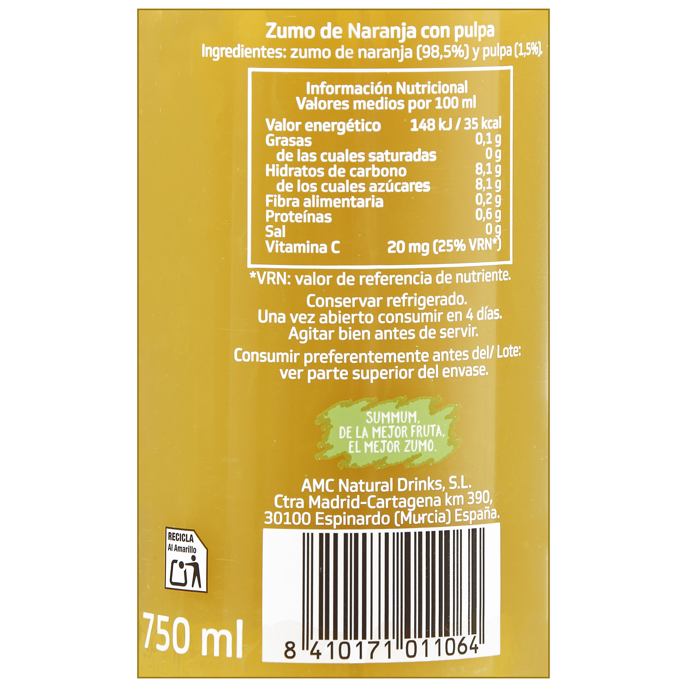Zumo refrigerado con pulpa exprimido Summum 750ml Naranja