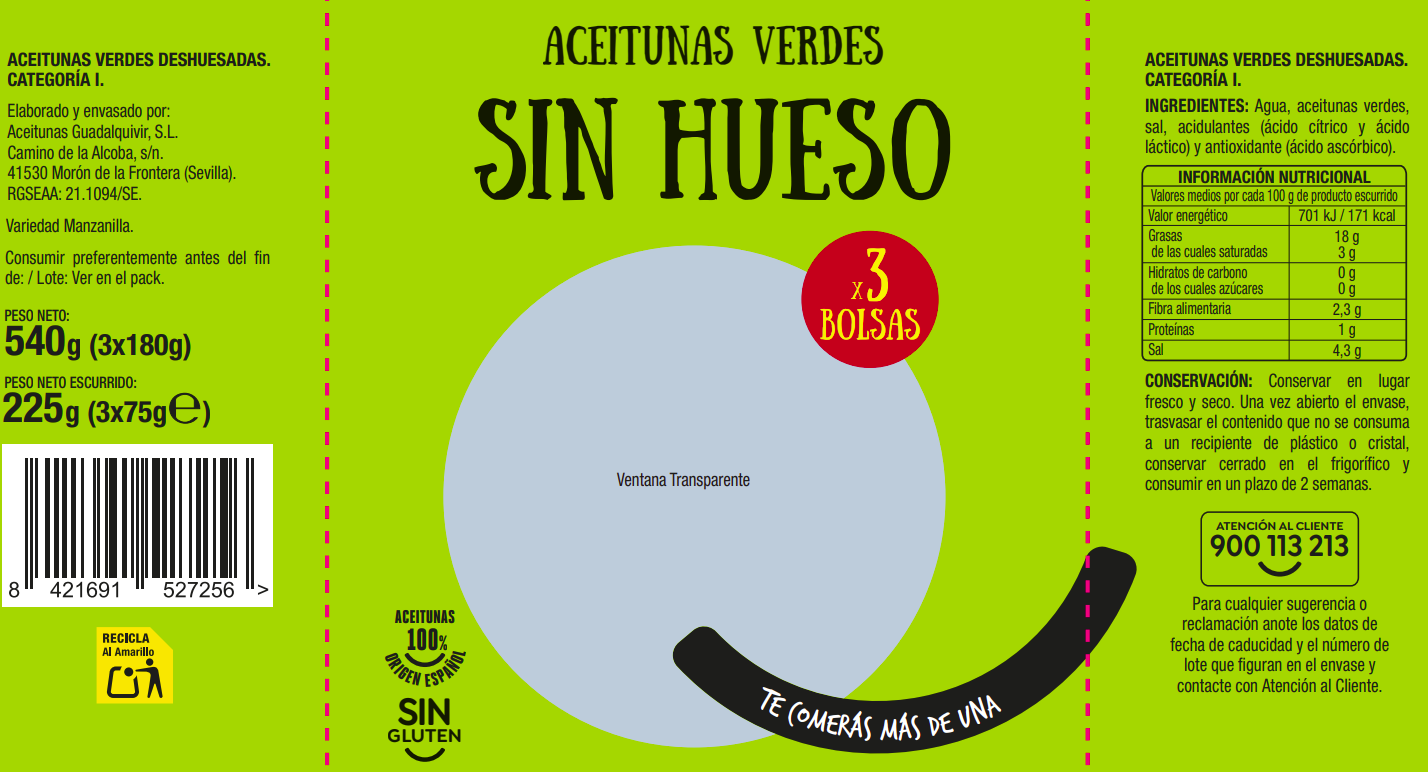 Aceitunas verdes sin hueso Alipende 75g pack 3