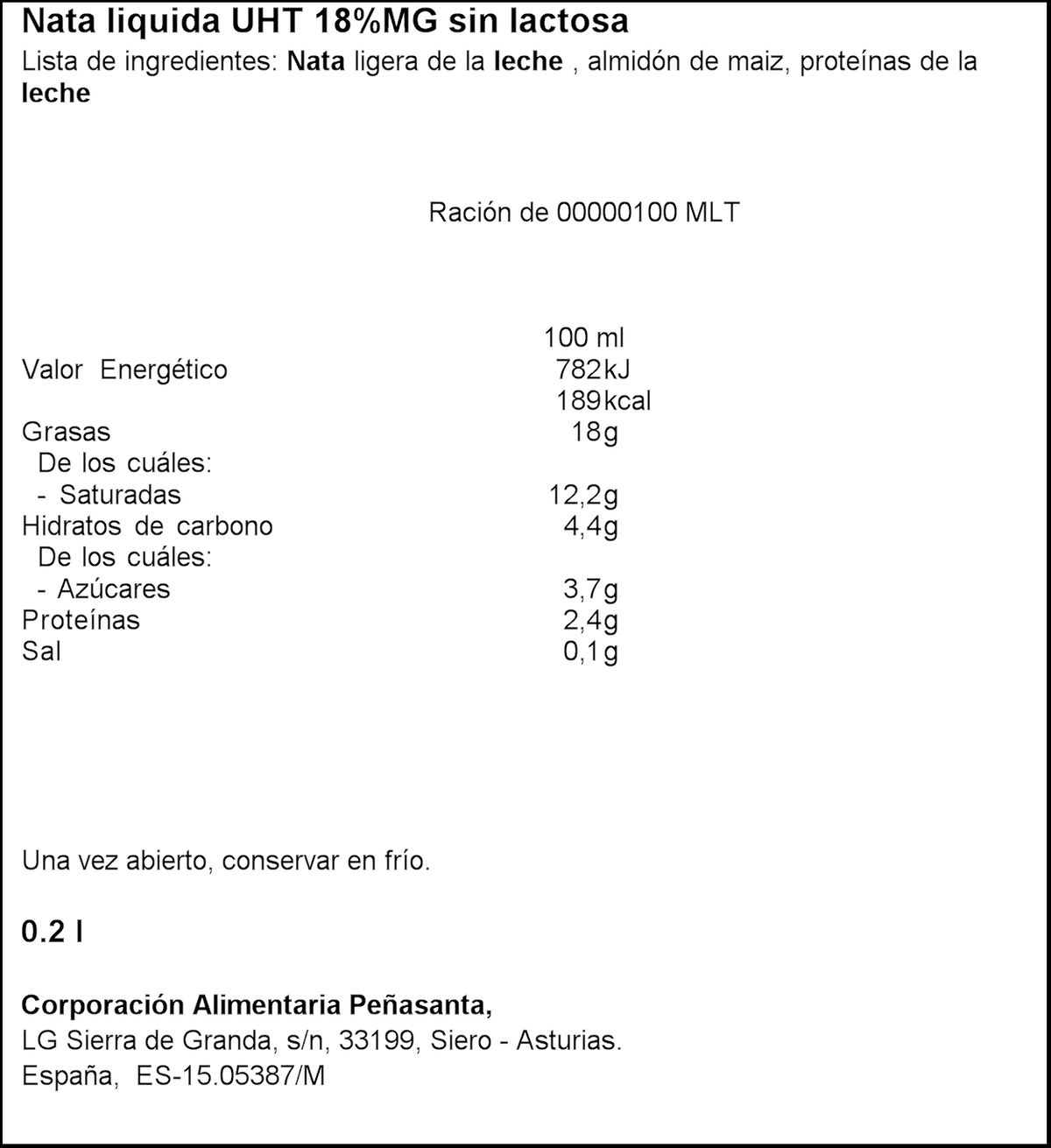 Nata para cocinar sin lactosa Asturiana 200ml