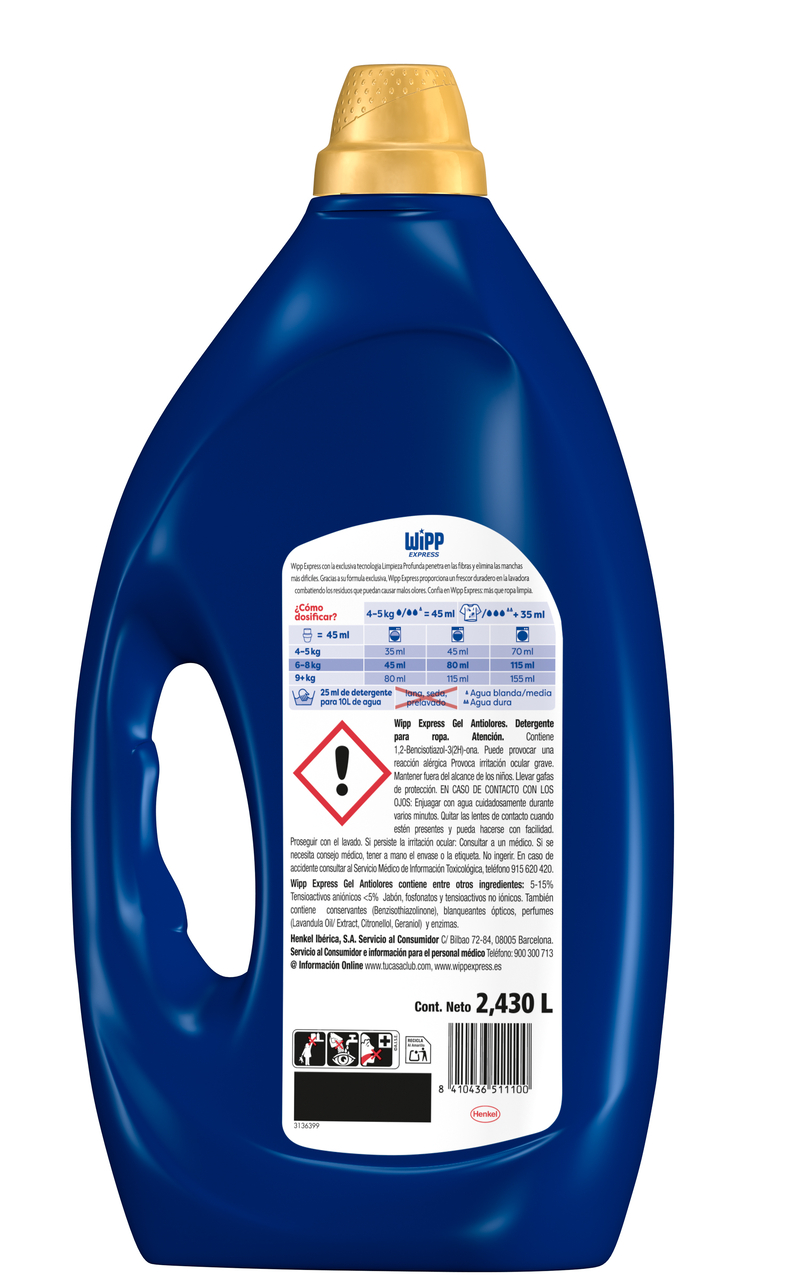 Detergente líquido limpieza profunda y antiólores Wipp Express 40+14 lavados