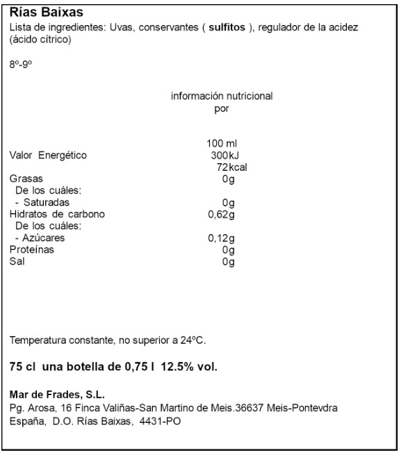 Vino blanco Albariño Mar Frades + funda. 75cl
