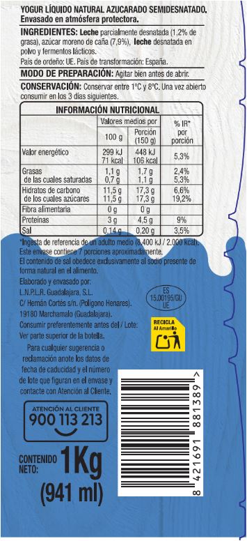 Yogur líquido natural con caña de azúcar Alipende 1kg