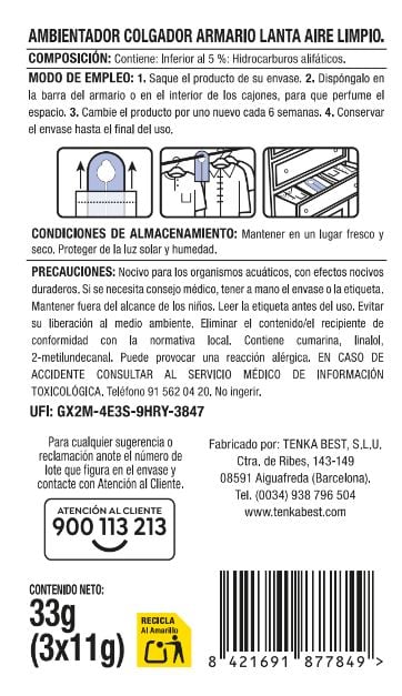 Ambientador colgador armario Lanta con aroma a aire limpio
